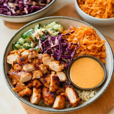 A bowl of food with chicken, rice, and vegetables.
