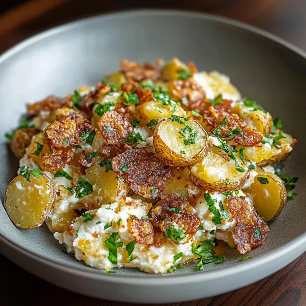 A bowl of food with potatoes and vegetables.
