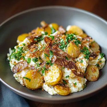 A bowl of food with potatoes and greens.