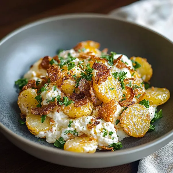 A bowl of food with potatoes and cheese.