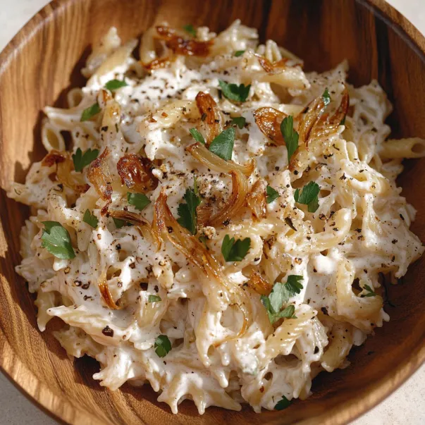 A bowl of pasta with onions and cheese.