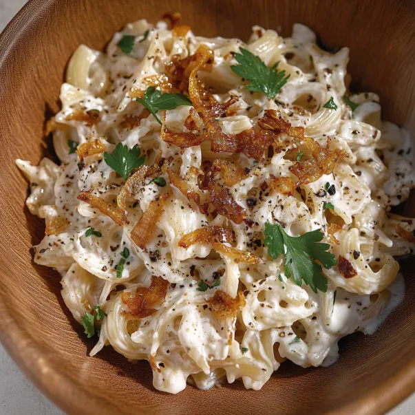 A bowl of pasta with bacon and cheese.