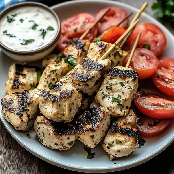 A plate of food with chicken, tomatoes, and a dip.
