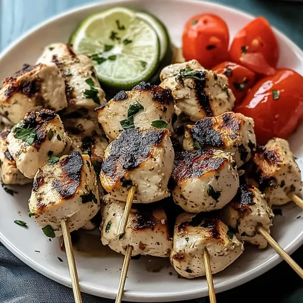 A plate of food with chicken, tomatoes, and limes.