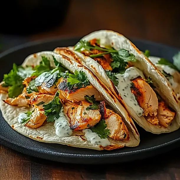 Two grilled chicken tacos with sauce on a plate.