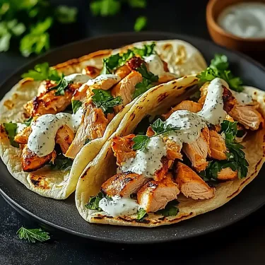 A plate of chicken tacos with white sauce.