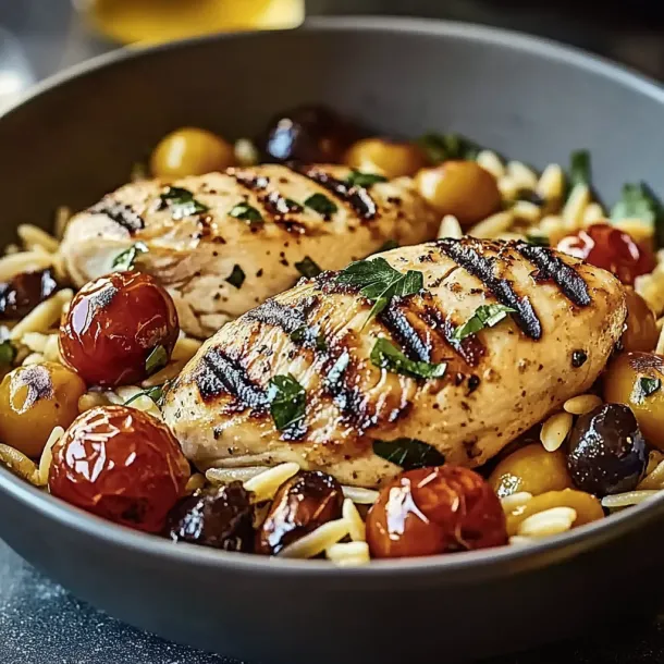 A bowl of food with chicken, tomatoes, and olives.