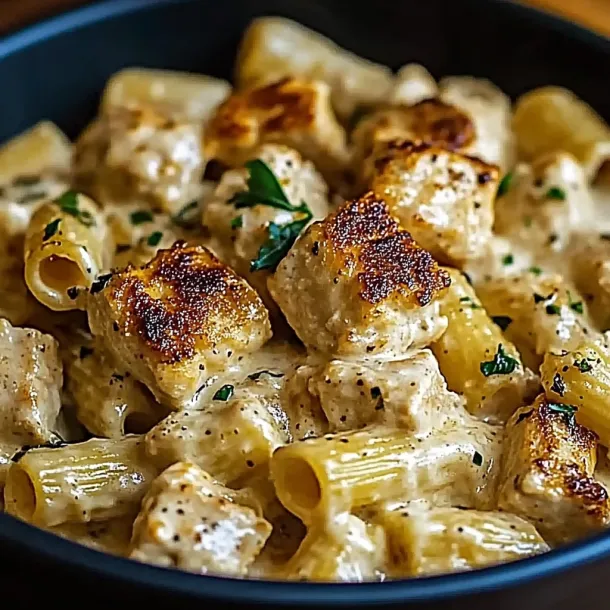 A bowl of pasta with meat and cheese.