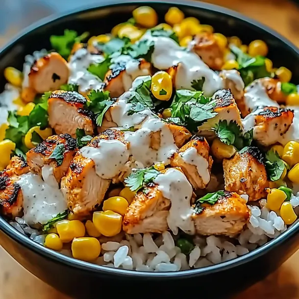 A bowl of rice and chicken with white sauce.