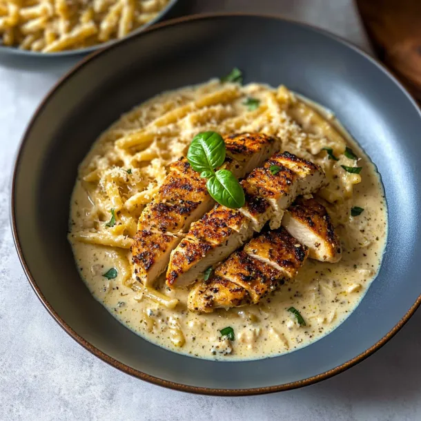 A plate of food with chicken and pasta.