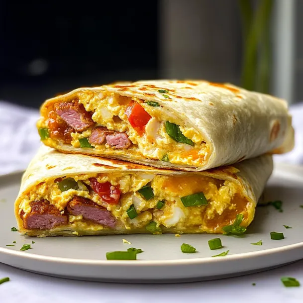 A breakfast burrito with eggs, bacon, and peppers.