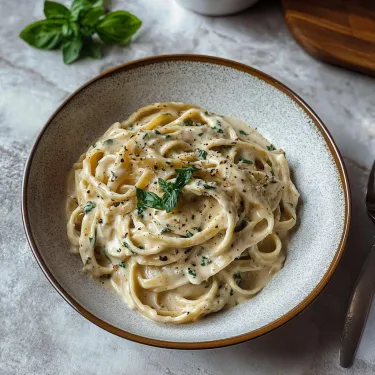A bowl of pasta with a green herb on top.