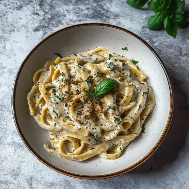 A bowl of pasta with herbs on top.
