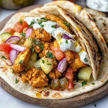 A burrito with chicken, tomatoes, onions, and sour cream.
