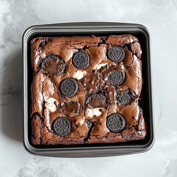 A square pan of chocolate brownie with Oreo cookies.