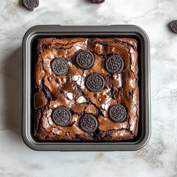 A square of chocolate cake with four Oreo cookies on top.