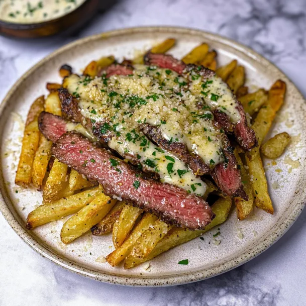 A plate of steak and fries.