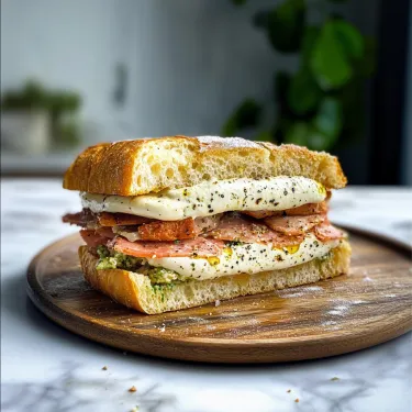 A sandwich with meat, cheese, and greens.