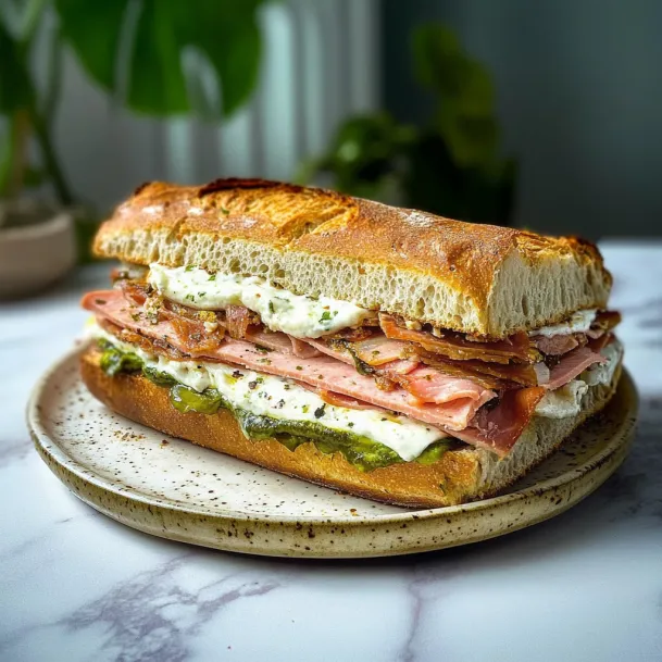 A sandwich with meat and cheese on a plate.