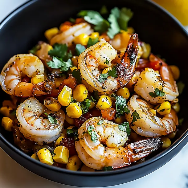 A bowl of shrimp and corn.