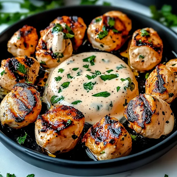 A bowl of food with a sauce on top.