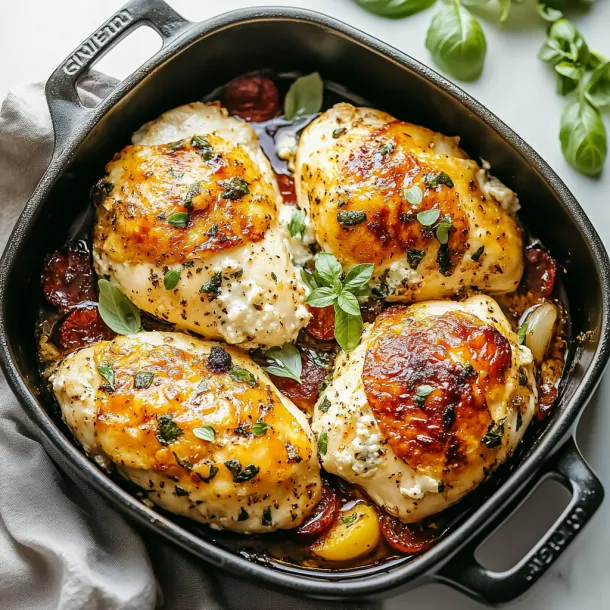 A pan of chicken with herbs and spices.