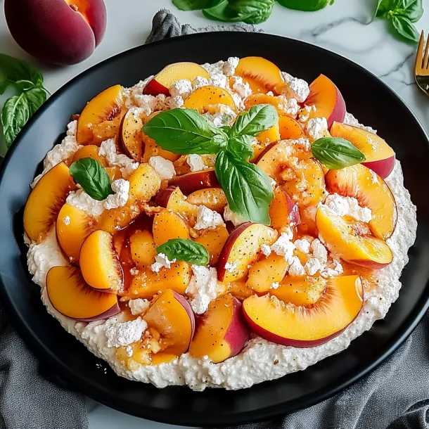 A plate of food with peaches and basil.
