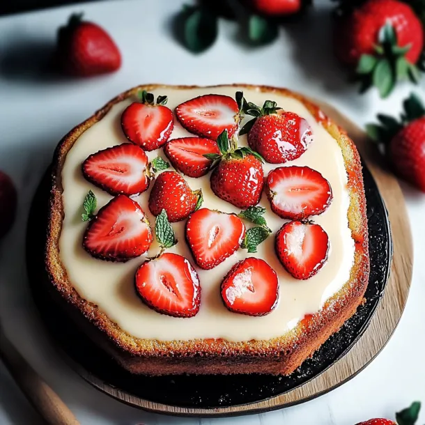 A slice of cake with strawberries on top.