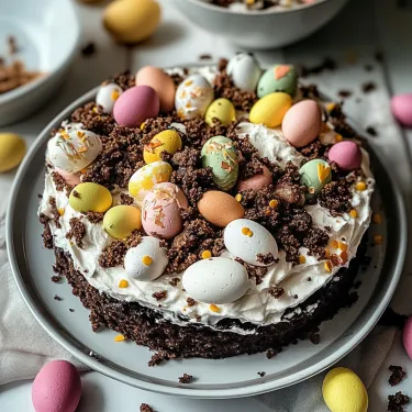 A cake with chocolate frosting and colorful candies.