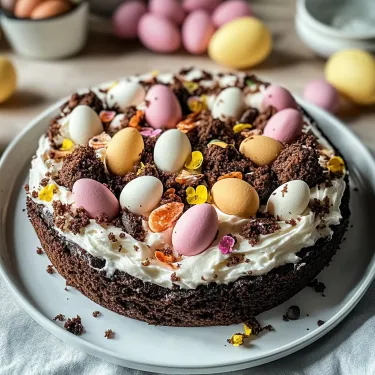 A cake with chocolate frosting and eggs on top.