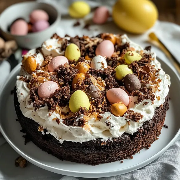 A cake with chocolate frosting and candy decorations.