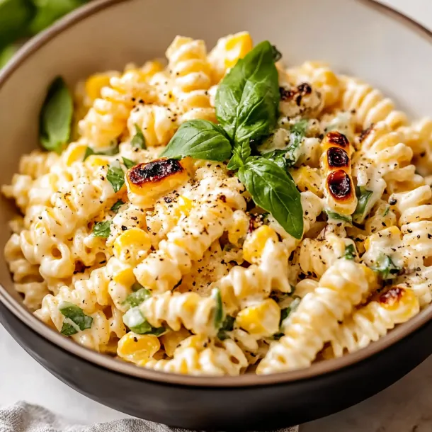 A bowl of pasta with corn and spinach.