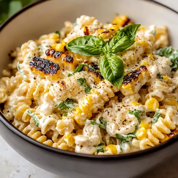 A bowl of pasta with corn and basil.