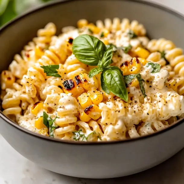 A bowl of pasta with corn and basil.