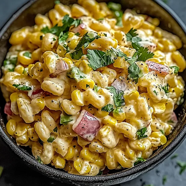 A bowl of macaroni and cheese with corn.