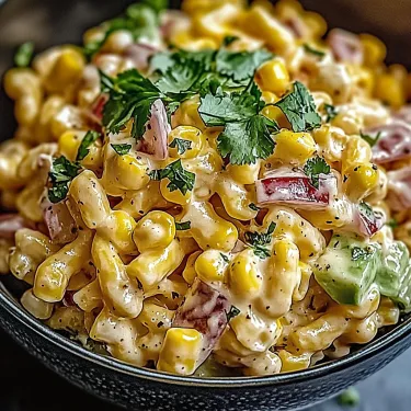 A bowl of pasta with corn and cheese.
