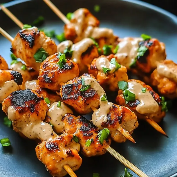 A plate of chicken skewers with sauce.