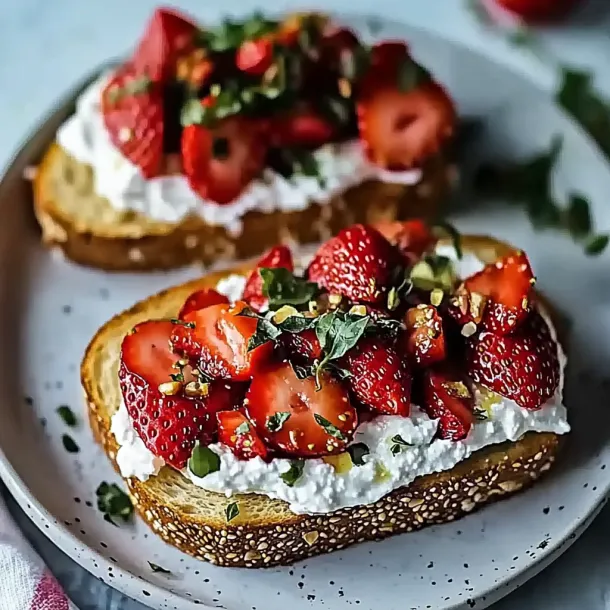 Two pieces of bread with strawberries and whipped cream.