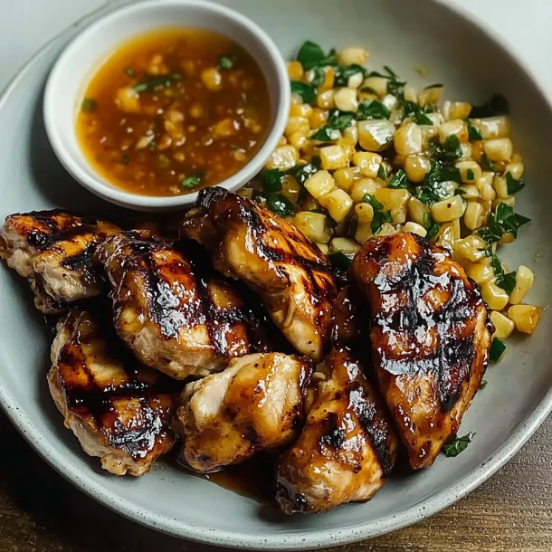 A plate of food with chicken, corn, and sauce.