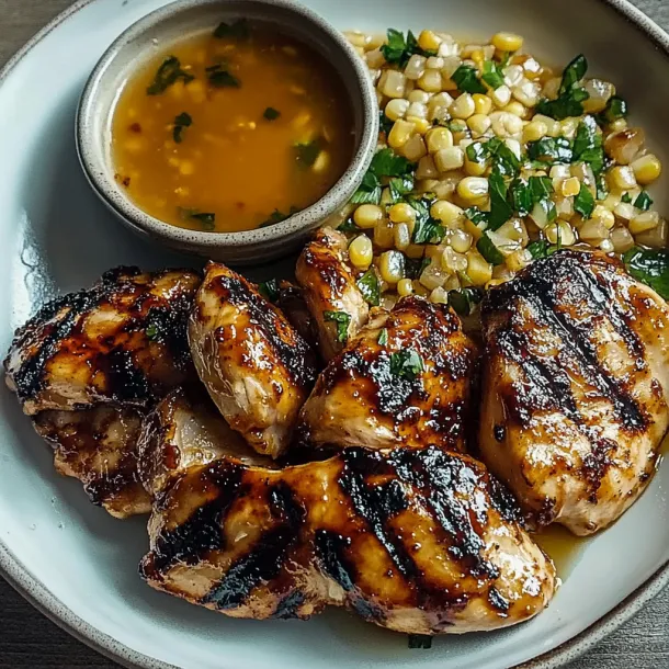 A plate of food with chicken, corn, and sauce.