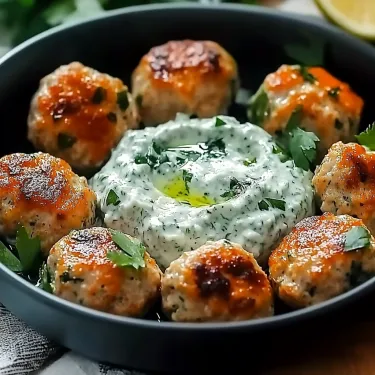 A bowl of meatballs with a dollop of sauce.