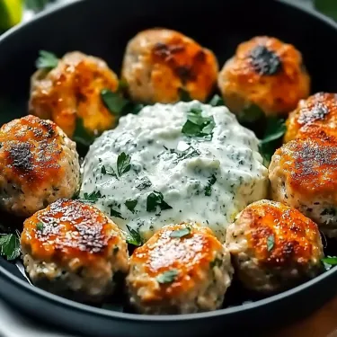A bowl of meatballs with a dollop of sauce on top.