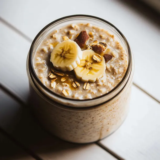 A glass jar of granola with bananas on top.