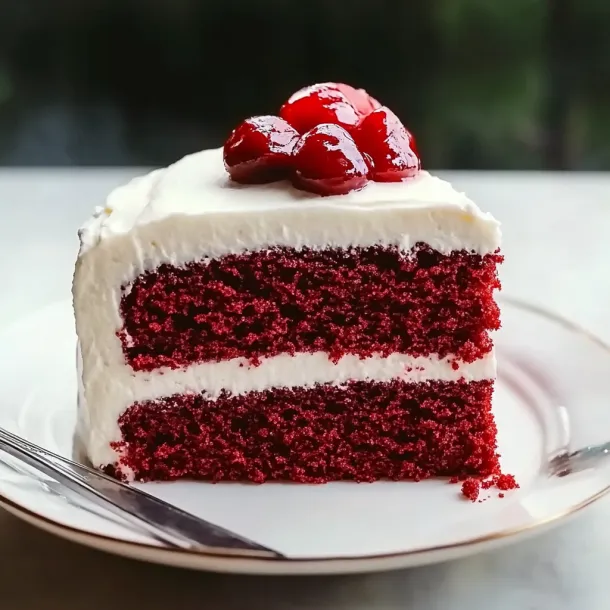 A slice of red velvet cake on a plate.