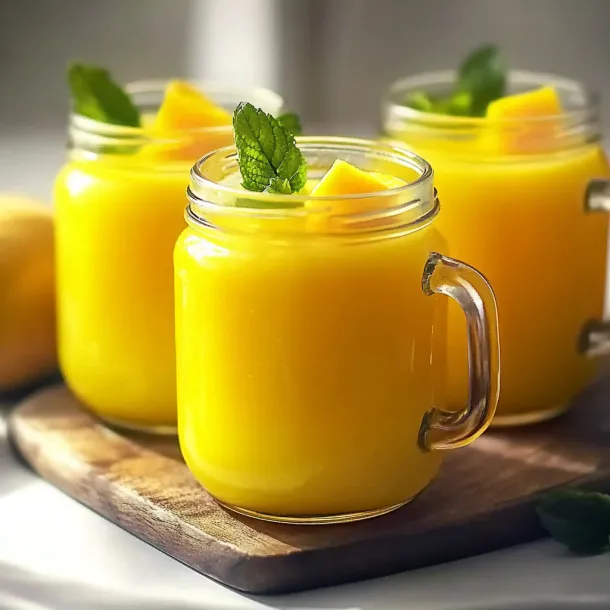 Three glasses of orange juice with mint leaves.