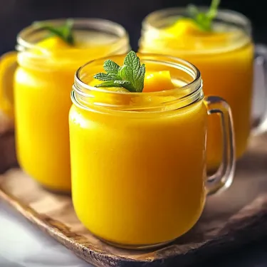 Three glasses of orange juice with mint leaves.