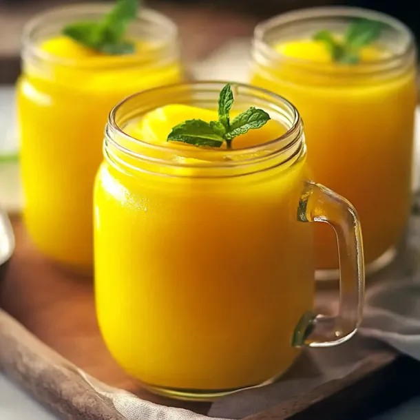 Three glasses of orange juice with mint leaves on top.