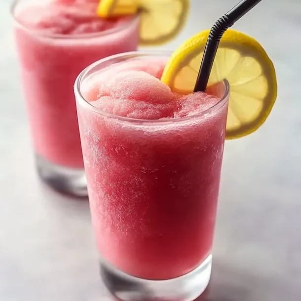 Two glasses of pink drink with lemon slices.