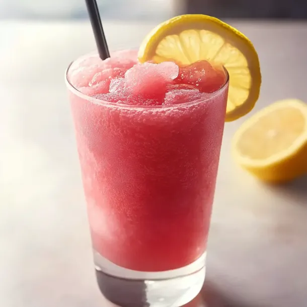 A glass of pink drink with a lemon wedge on the side.