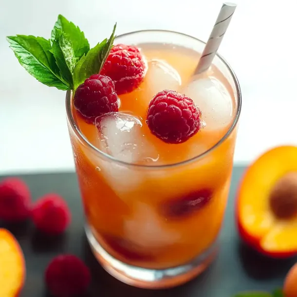 A glass of orange juice with raspberries on top.